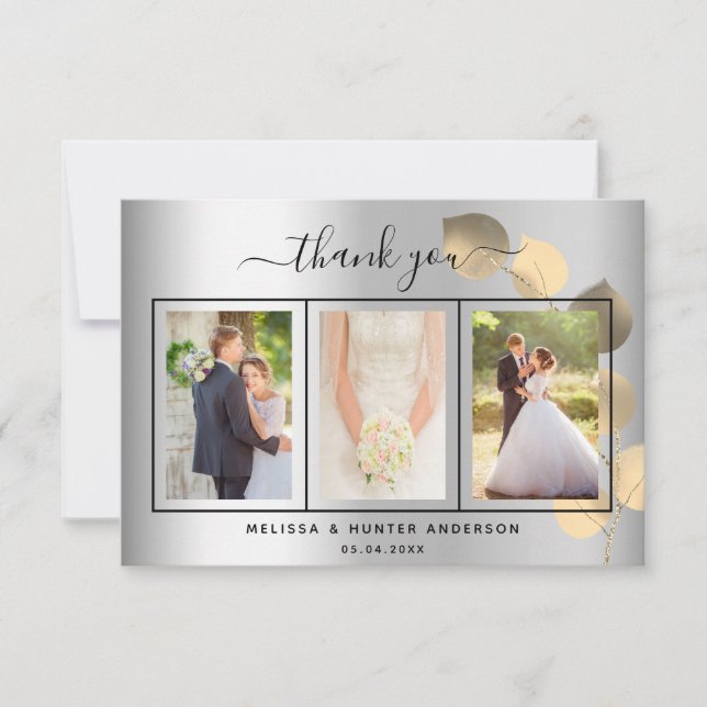 Wedding silver eucalyptus gold photo script thank you card (Front)