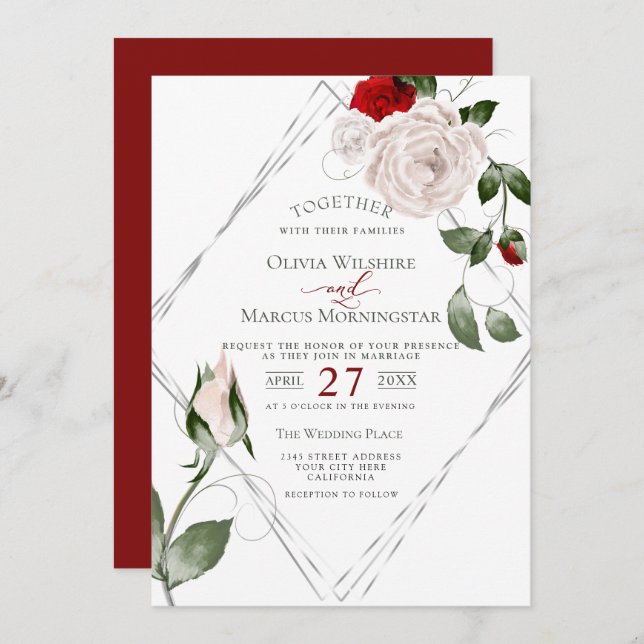 Wedding | Silver Frame Pale Blush Watercolor Roses Invitation (Front/Back)