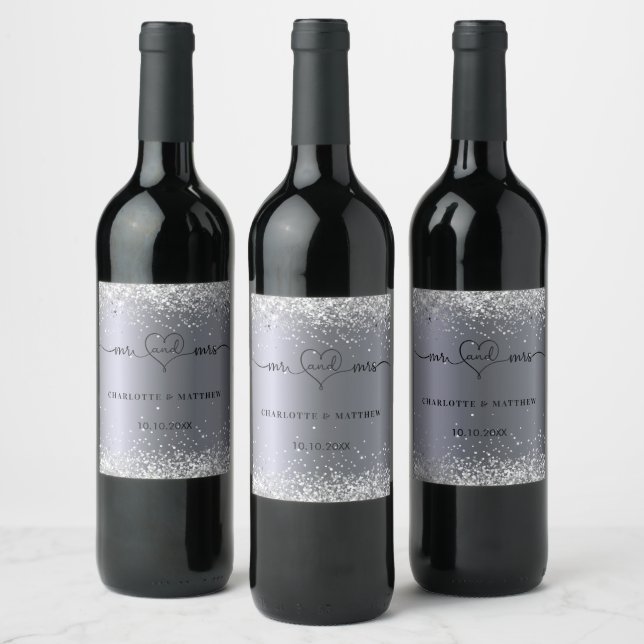 Wedding silver glitter bride groom mr mrs heart  wine label (Bottles)