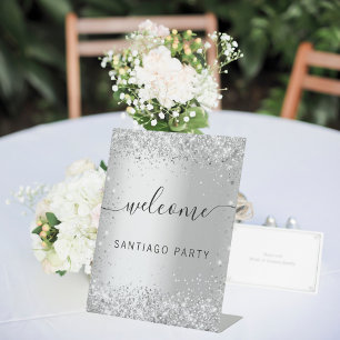 Wedding silver glitter name script welcome pedestal sign