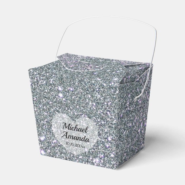 Wedding Silver Glitter Personalized  Favor Box (Front Side)