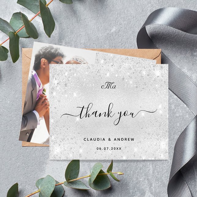 Wedding silver glitter photo thank you card (Creator Uploaded)