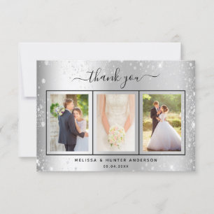 Wedding silver glitter sparkles photo script thank you card