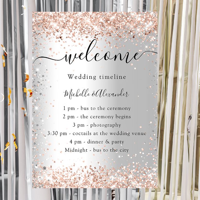 Wedding silver rose gold program timeline poster (Creator Uploaded)