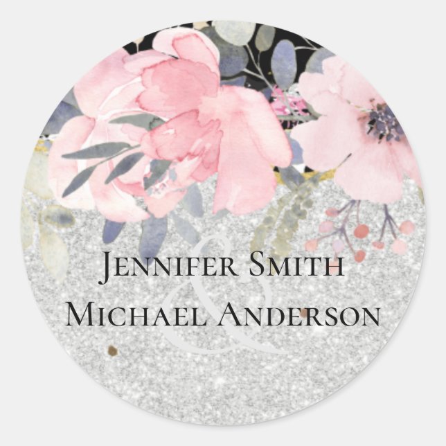 WEDDING - Silver Rosegold Floral Girly Glitter Classic Round Sticker (Front)