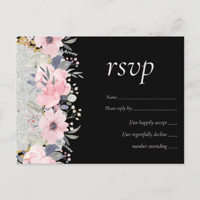WEDDING - Silver Rosegold Floral Girly Glitter Postcard (Front)