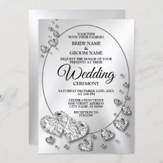 Wedding Silver Shiny Hearts Geometric Elegant Invitation