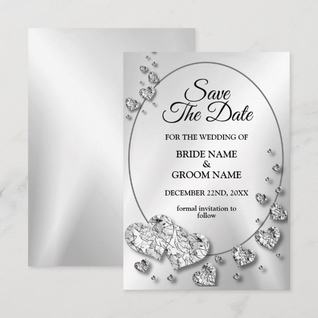 Wedding Silver Shiny Hearts Geometric Elegant Save The Date (Front/Back)