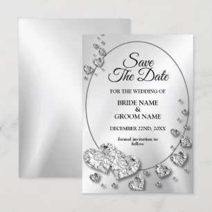 Wedding Silver Shiny Hearts Geometric Elegant Save The Date