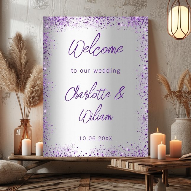 Wedding silver violet purple glitter welcome poster (Creator Uploaded)