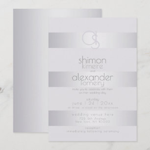 Wedding Silver Violet Shimmer Stripe Monogram Invitation