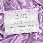 Wedding silver violet sparkles elegant save the da announcement postcard<br><div class="desc">A modern faux silver looking background decorated with purple faux glitter,  sparkles and a dress. Personalize and add a date and names. The text: Save the Date is written with a large trendy hand lettered style script.</div>