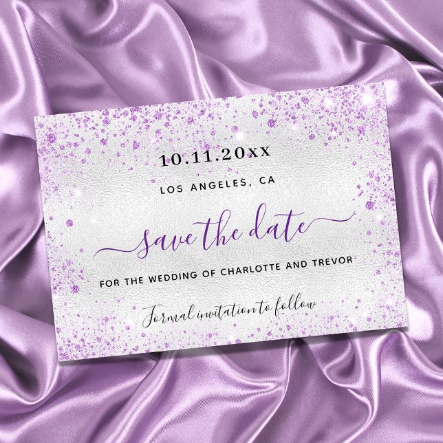 Wedding silver violet sparkles elegant save the da announcement postcard (Creator Uploaded)
