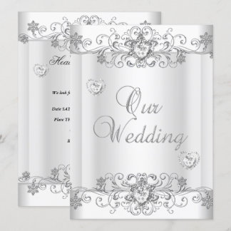 Wedding Silver White Diamond Hearts Invitation