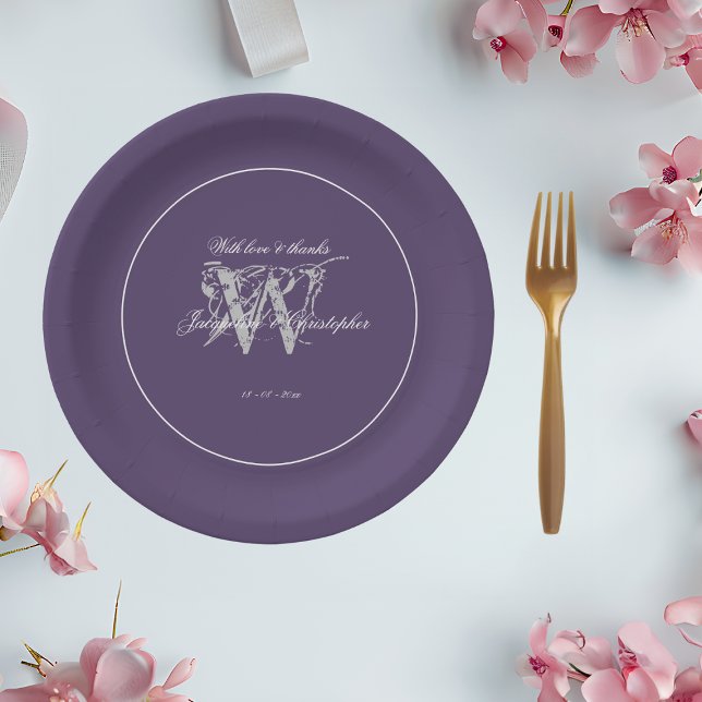 Wedding Simple Elegant Chic Dusty Purple Monogram  Paper Plate (For a Simple Elegant Wedding  - Dusty Purple Personalized Paper Plates)