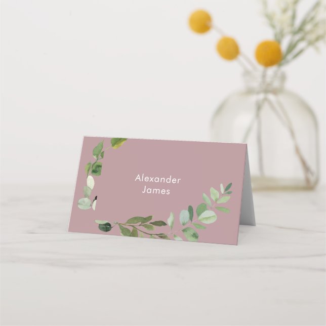 Wedding Simple Foliage Custom Name Dusty Rose Place Card (Front)