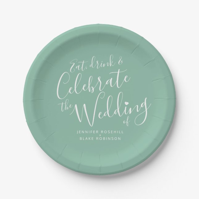 Wedding simple green white script personalized paper plate (Front)
