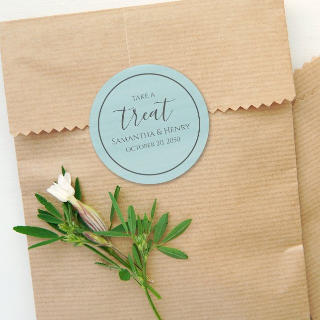 Wedding Simple Turquoise Calligraphy Script Treat  Classic Round Sticker (Creator Uploaded)