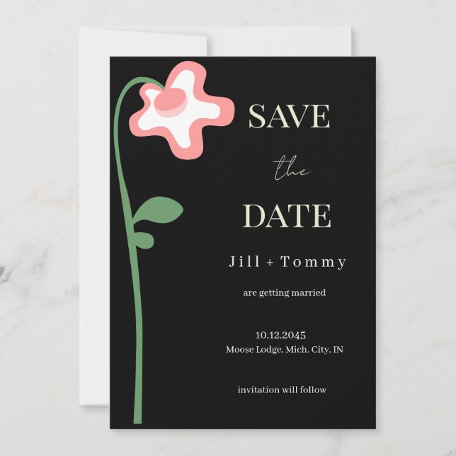 Wedding Single Flower Dark Save the Date Card (Front)