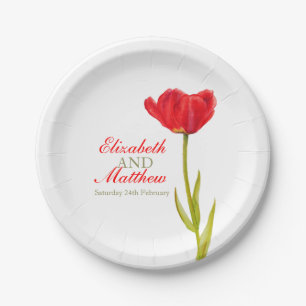 Wedding single red tulip art named paper plate