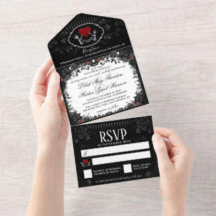 Wedding Skeletons Heart Black White -Together With All In One Invitation