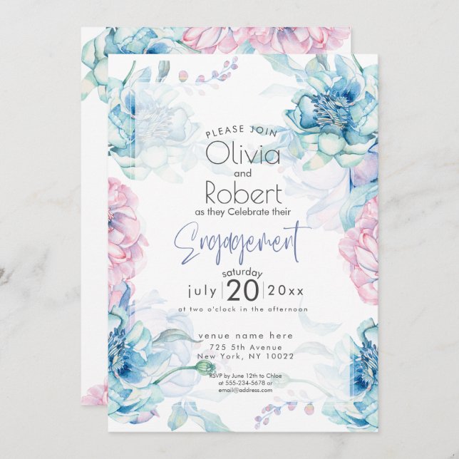 Wedding | Sky Blue and Bubblegum Pink Peonies Invitation (Front/Back)