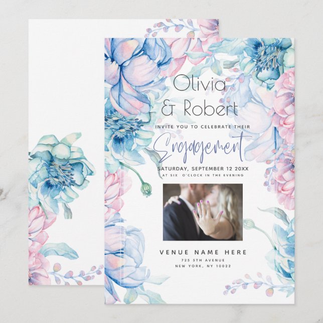 Wedding | Sky Blue and Bubblegum Pink Peonies Invitation (Front/Back)