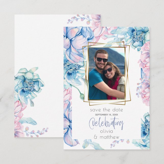 Wedding | Sky Blue and Bubblegum Pink Peonies Invitation (Front/Back)