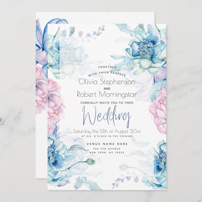 Wedding | Sky Blue and Bubblegum Pink Peonies Invitation (Front/Back)