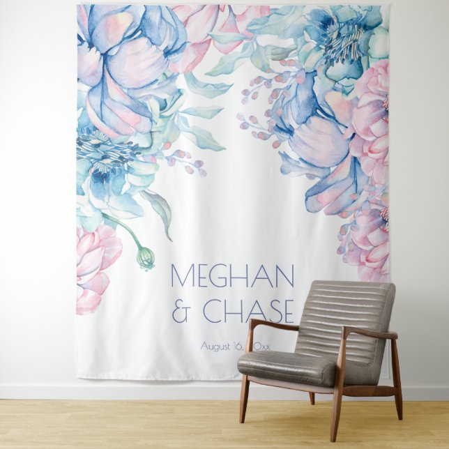 Wedding | Sky Blue and Bubblegum Pink Peonies Tapestry (In Situ)