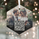 Wedding Song QR Code & Photo Newlyweds Hexagon Glass Ornament<br><div class="desc">Celebrate a joyful 1st holiday as newlyweds with an elegant interactive QR code hexagon-shaped glass Christmas ornament. Photo and all wording on this template are simple to personalize. (IMAGE PLACEMENT TIP: An easy way to center a picture exactly how you want is to crop it before uploading to the Zazzle...</div>
