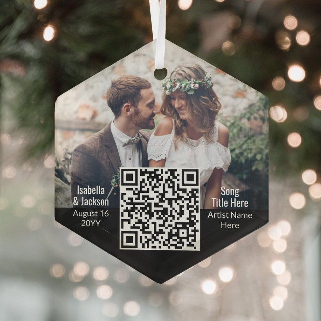 Wedding Song QR Code & Photo Newlyweds Hexagon Glass Ornament (Creator Uploaded)