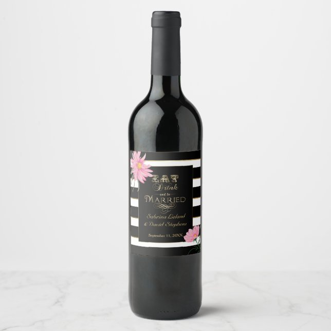 Wedding Sparkling Wine Pink Floral Black White Str Wine Label (Front)