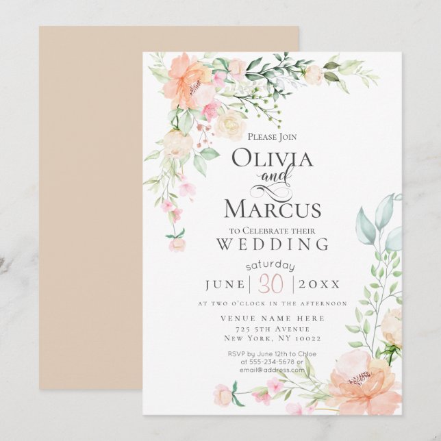 WEDDING | Spring Pastel Watercolor Flowers Invitation (Front/Back)