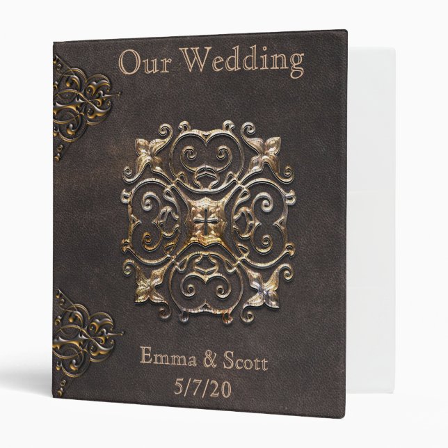 Wedding Steampunk Vintage Rustic Leather Gold Binder (Front/Inside)