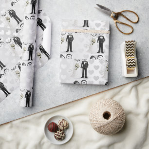 Wedding Stick Figure Bride and Groom on Hearts Wrapping Paper
