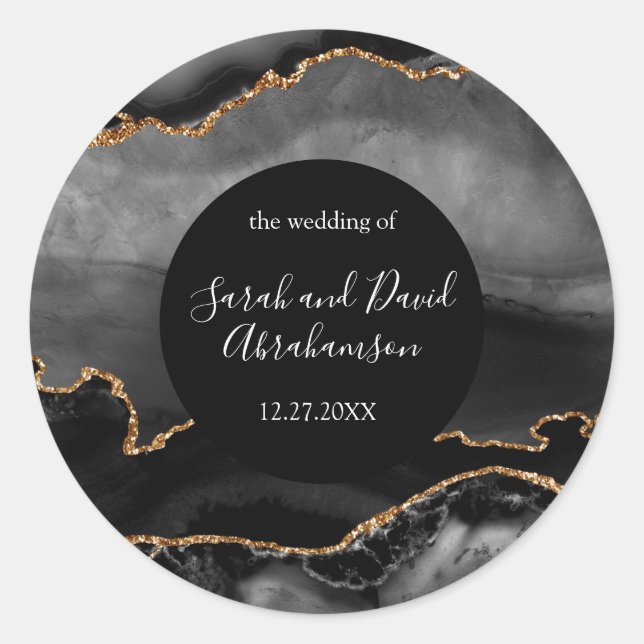 Wedding Sticker Black and Gold Glitter Agate (Front)