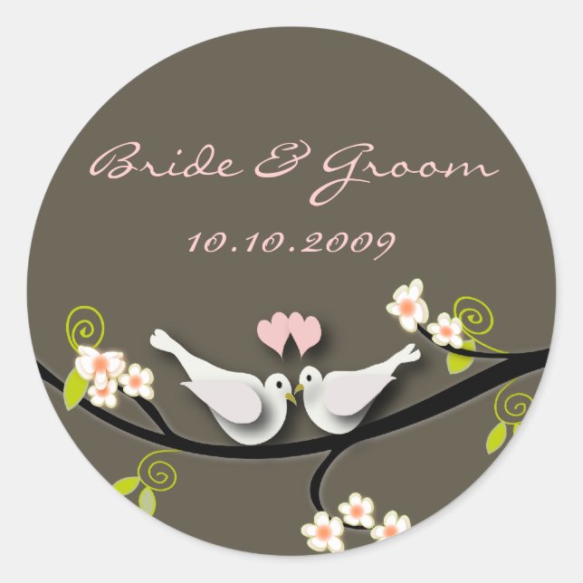 Wedding Sticker love doves + blossoms branch (Front)