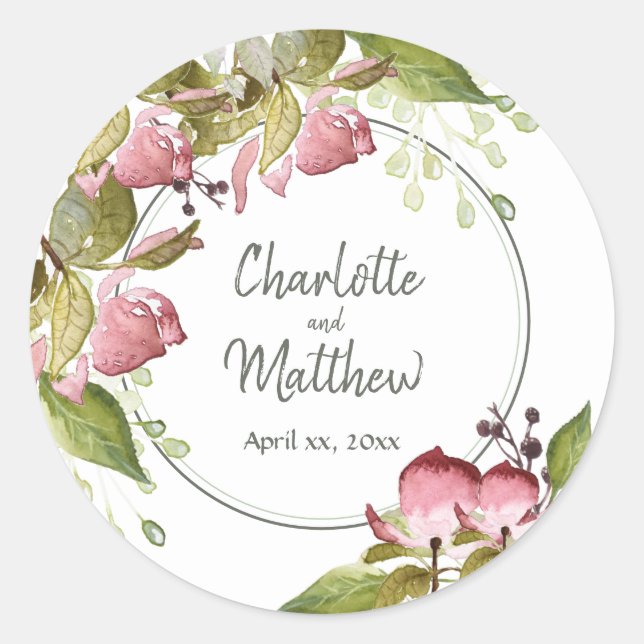 Wedding Sticker Watercolor Roses Soft Pink  (Front)