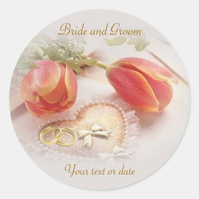 Wedding Sticker with tulips, rings and heart. (Front)