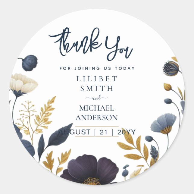 WEDDING STICKERS | Navy Yellow Gold Floral Elegant (Front)