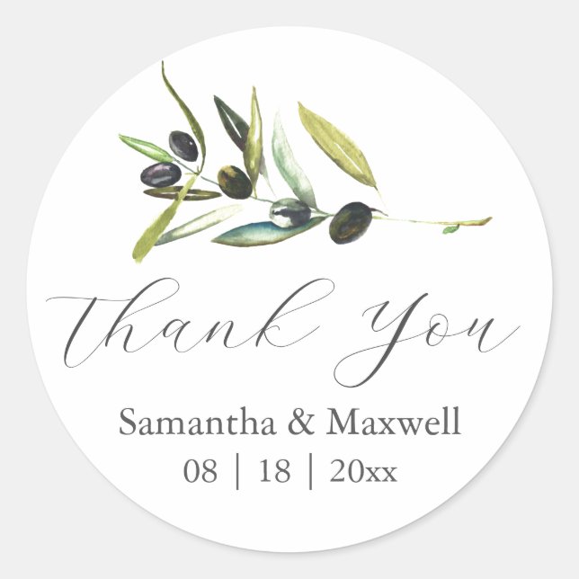 Wedding Stickers Thank You Simple Olive Branch (Front)
