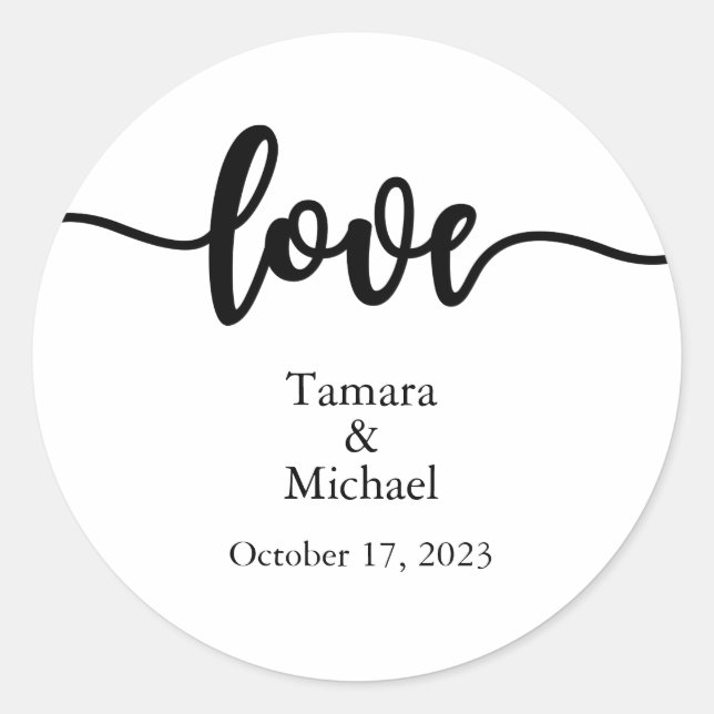 Wedding Stickers, Wedding Labels, Script, Love  Classic Round Sticker (Front)