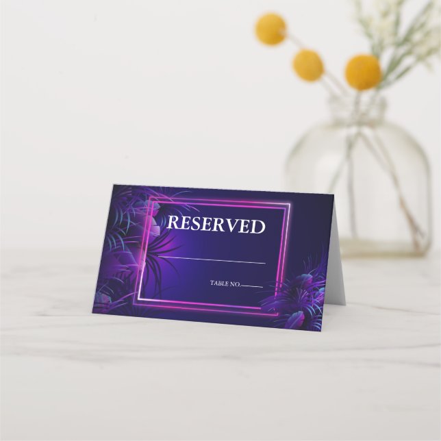 Wedding | Stunning Neon Purple Tropical Foliage Place Card (Front)