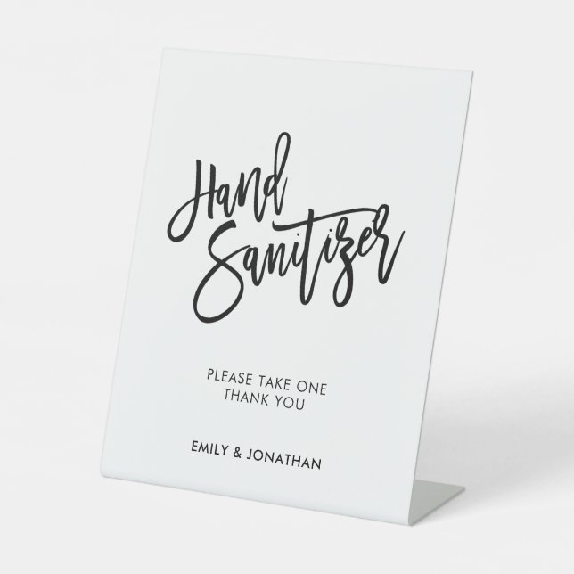Wedding Stylish Black Script Hand Sanitizer Pedestal Sign (Front)