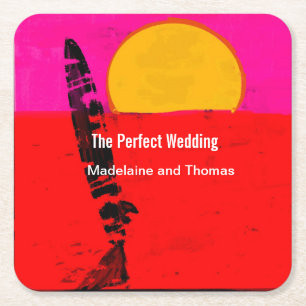 Wedding Summer Beach Retro Poster  Square Paper Coaster