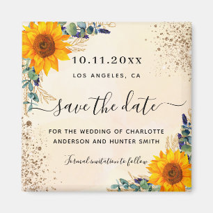 Wedding sunflower eucalyptus glitter save the date magnet