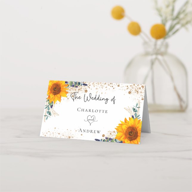 Wedding sunflower eucalyptus gold glitter  place card (Back)