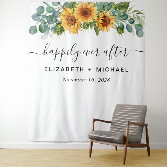 Wedding Sunflower Eucalyptus Photo Booth Tapestry (In Situ)