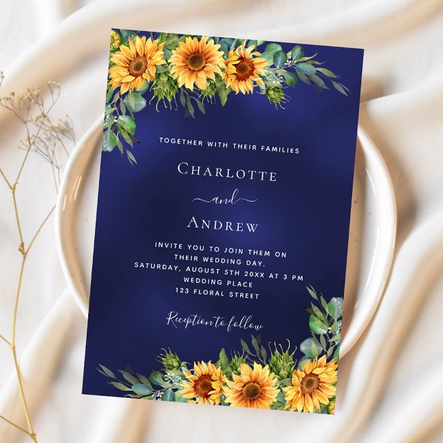 Wedding sunflower navy blue eucalyptus greenery invitation (Creator Uploaded)